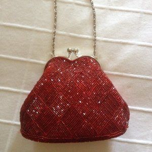 Bijoux Terner Red Satin and Beaded Clutch Handbag Silver Tone Hardware
